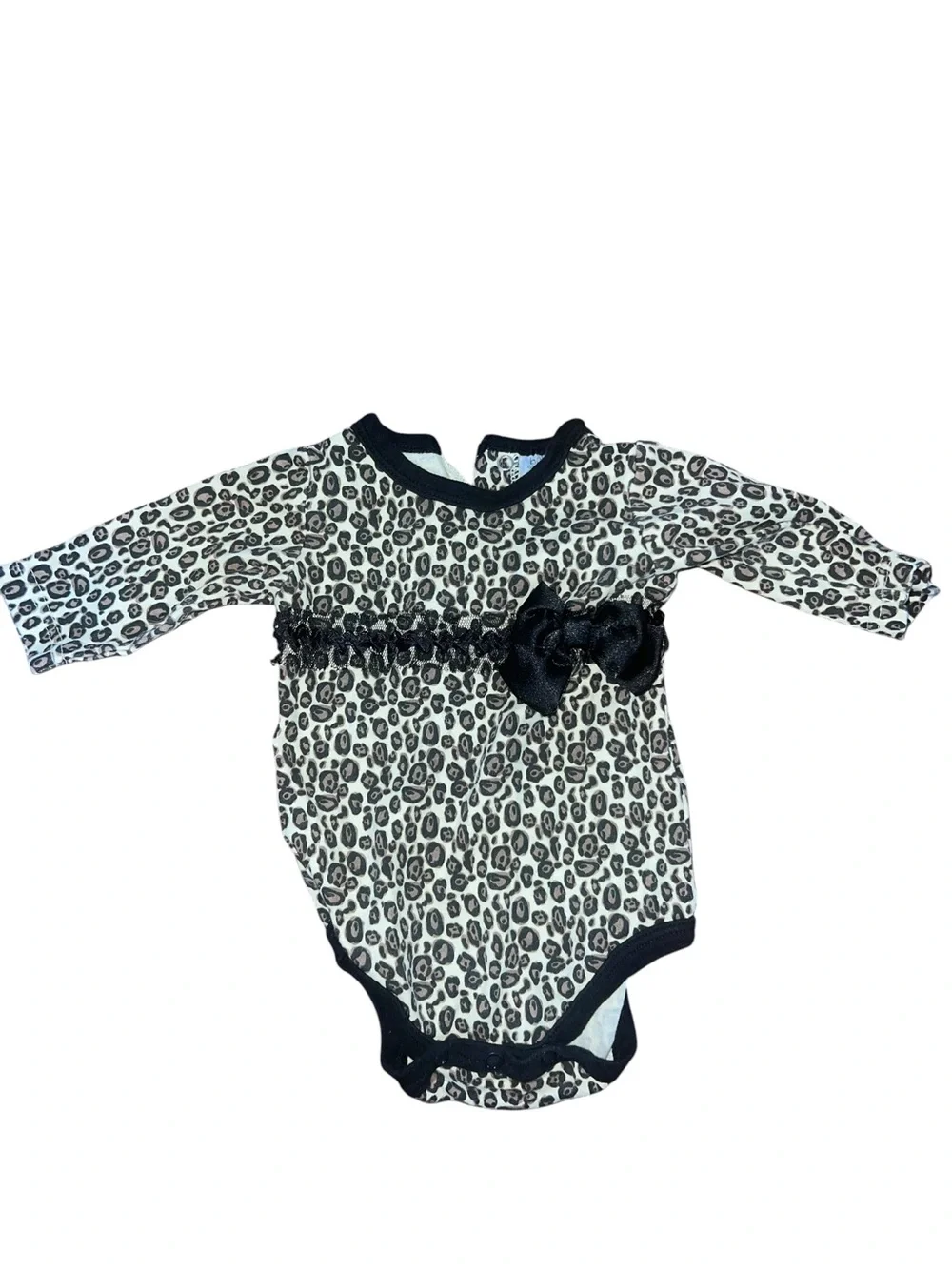Long-Sleeve Black Leopard Print Baby One-Piece with Bow